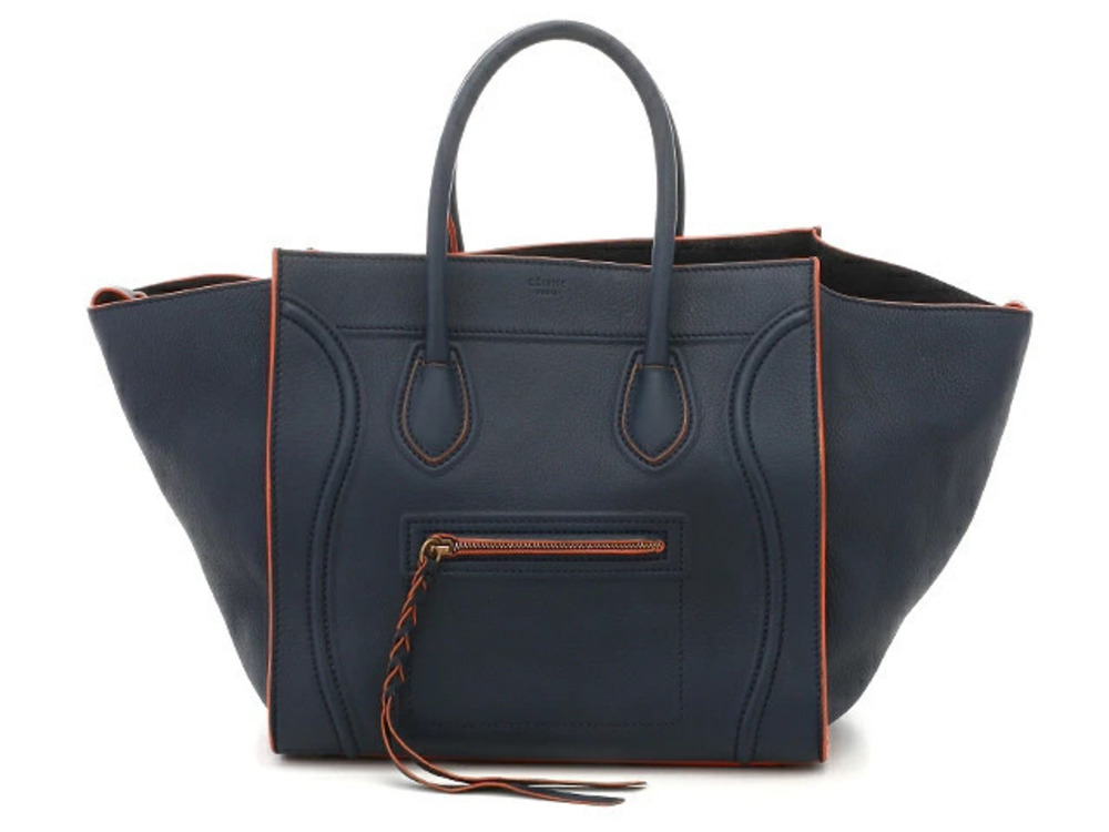 Celine Luggage Tote Tote Bag Phantom Calfskin Navy Blue Orange